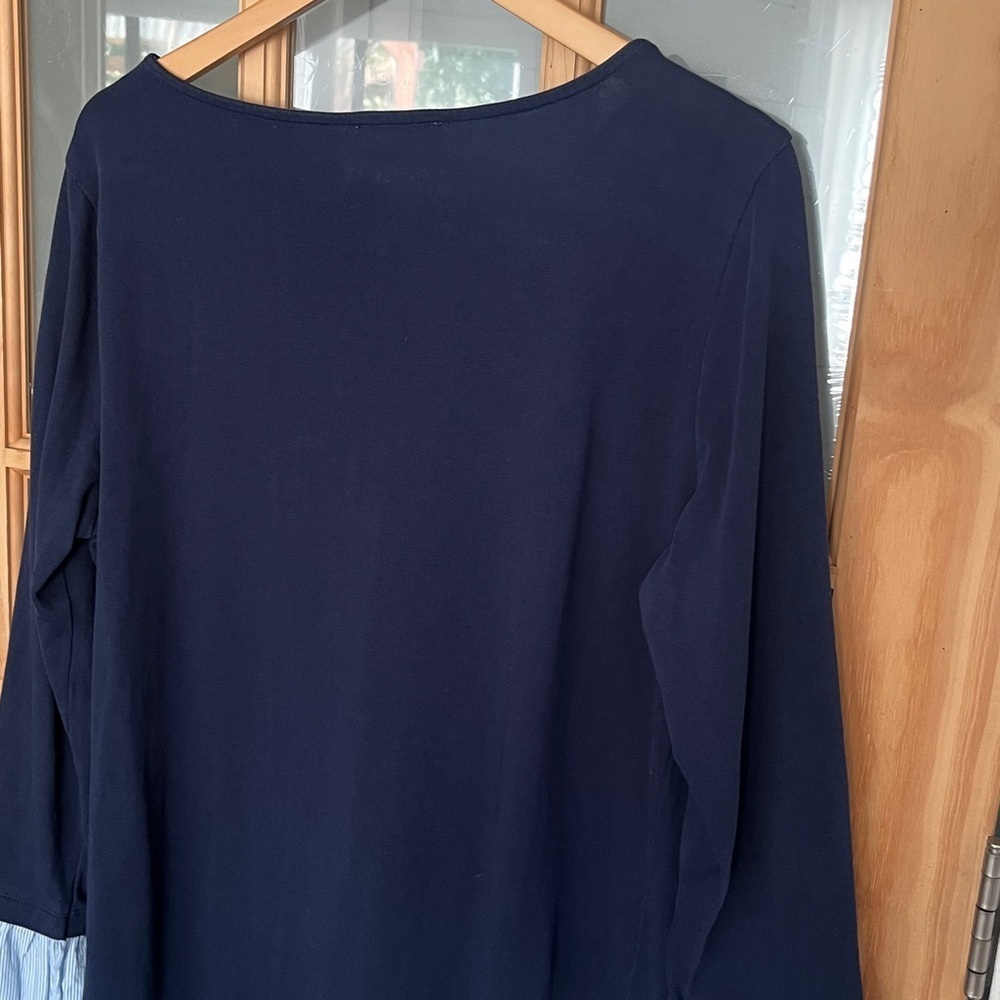 Beachlunchlounge Navy Blue Cotton shift dress w/ striped ruffle sleeve sz Large - Picture 8 of 9